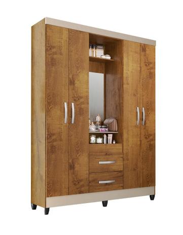 Guarda Roupa Casal Capelinha com Espelho 4 Portas e 2 Gavetas Canelato Rustico e Natura Brilho - Atualle móveis Menor preço em Guarda Roupa Casal Capelinha com Espelho 4 Portas e 2 Gavetas Canelato Rustico e Natura Brilho - Atualle móveis