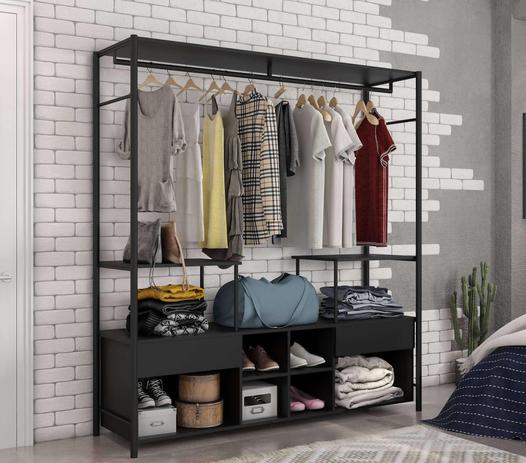 Guarda Roupa Casal II Closet Aberto Nichos Barcelona Preto - Artefamol Menor preço em Guarda Roupa Casal II Closet Aberto Nichos Barcelona Preto - Artefamol