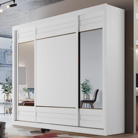 Guarda-roupa Casal Sofia 3 Portas 4 Gavetas Espelhado Branco Acetinado - Mademarques Menor preço em Guarda-roupa Casal Sofia 3 Portas 4 Gavetas Espelhado Branco Acetinado - Mademarques