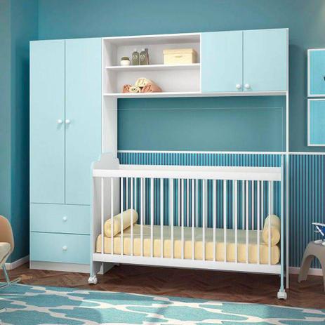 Guarda Roupa Conjugado Infantil e Berço Ternura Peternella Móveis Branco Azul Menor preço em Guarda Roupa Conjugado Infantil e Berço Ternura Peternella Móveis Branco Azul