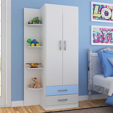 Guarda Roupa Infantil 2 Portas 2 Gavetas com 4 Prateleiras Externas Siena Móveis Branco/Azul é ruim? Guarda Roupa Infantil 2 Portas 2 Gavetas com 4 Prateleiras Externas Siena Móveis Branco/Azul é boa?