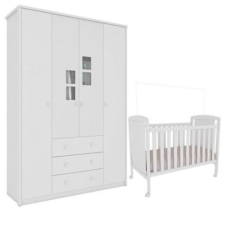 Guarda Roupa Infantil 4 Portas Dengo e Berço Americano Cloe Branco Brilho - Peroba Móveis Menor preço em Guarda Roupa Infantil 4 Portas Dengo e Berço Americano Cloe Branco Brilho - Peroba Móveis