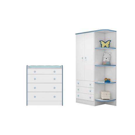 Guarda Roupa Infantil com Cantoneira e Cômoda com Trocador Doce Sonho Branco/Azul - Qmovi Menor preço em Guarda Roupa Infantil com Cantoneira e Cômoda com Trocador Doce Sonho Branco/Azul - Qmovi