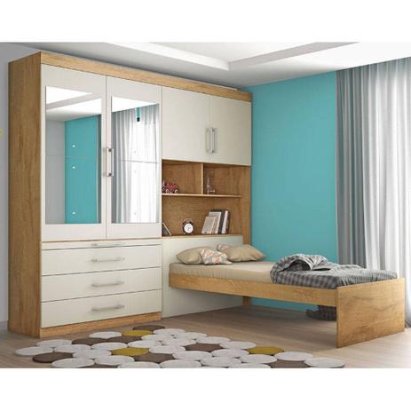 Guarda-roupa Solteiro Espelhado + Kit Cama Baú Lyon Móveis Europa - Amendoa / Off White Menor preço em Guarda-roupa Solteiro Espelhado + Kit Cama Baú Lyon Móveis Europa - Amendoa / Off White