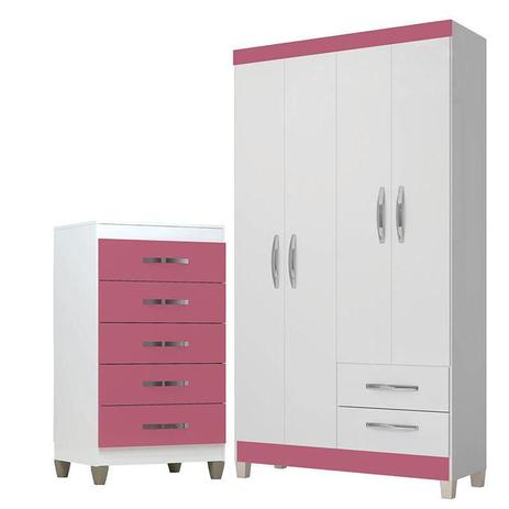 Guarda Roupa Solteiro Módena 4 Portas e Cômoda Cannes 5 Gavetas Branco Rosa Incorplac Menor preço em Guarda Roupa Solteiro Módena 4 Portas e Cômoda Cannes 5 Gavetas Branco Rosa Incorplac