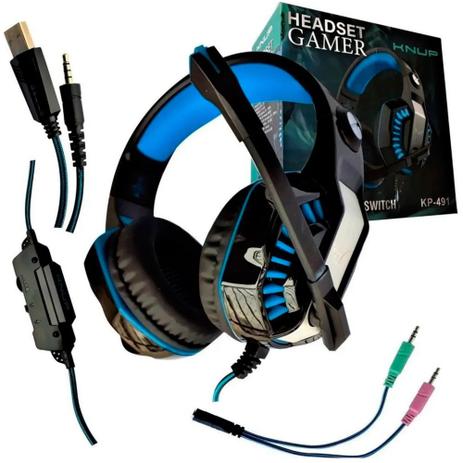 Headset Gamer LED com Microfone Retrátil Cabo P3 + Adaptador Y P2 Knup - KP-491 Azul Menor preço em Headset Gamer LED com Microfone Retrátil Cabo P3 + Adaptador Y P2 Knup - KP-491 Azul