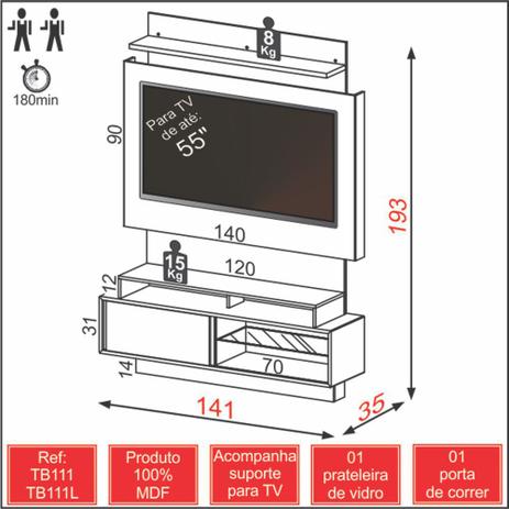 Home Theater com Painel para TV 140cm 1 Porta Correr Luzes LED TB111L Dalla Costa Menor preço em Home Theater com Painel para TV 140cm 1 Porta Correr Luzes LED TB111L Dalla Costa