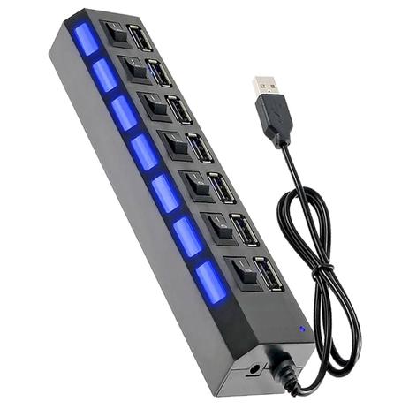 Hub USB 7 Portas 2.0 com Botões ON/OFF e LEDs Individuais Exbom UH-2S7 Menor preço em Hub USB 7 Portas 2.0 com Botões ON/OFF e LEDs Individuais Exbom UH-2S7
