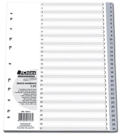 Índice numérico 1 31 chies tamanho a4 plastico pp cor cinza 31