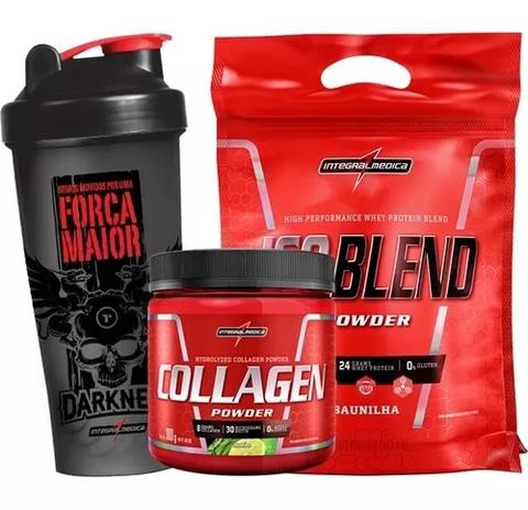 Menor preço em Iso blend complex refil 907g (morango) + collagen powder (tangerina) + coqueteleira integralmedica