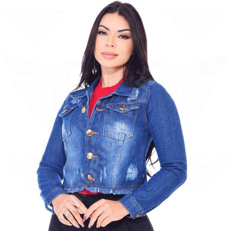 Jaqueta Jeans Feminina Curta Cropped Destroyed - EWF Jeans - Azul Escuro - Jaqueta  Feminina - Magazine Luiza