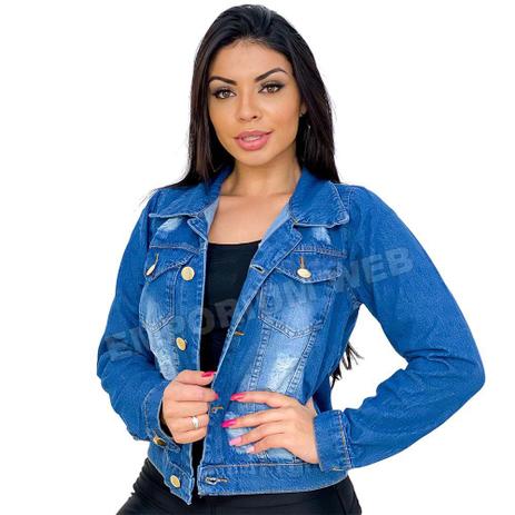 Jaqueta Jeans Feminina Curta Destroyed - EWF Jeans - Azul Escuro Menor preço em Jaqueta Jeans Feminina Curta Destroyed - EWF Jeans - Azul Escuro