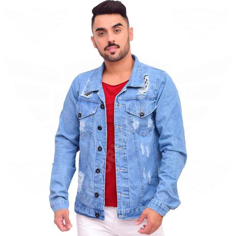 jaqueta jeans rasgado destroyed slim masculina