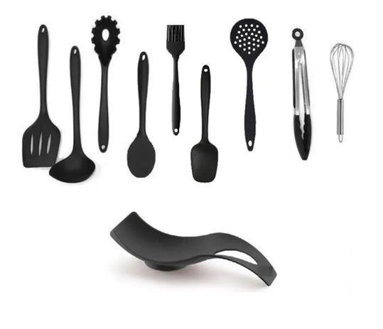 Jogo 10 Pçs Utensílios De Silicone Maciço Preto Não Riscam Panelas - Cb Menor preço em Jogo 10 Pçs Utensílios De Silicone Maciço Preto Não Riscam Panelas - Cb