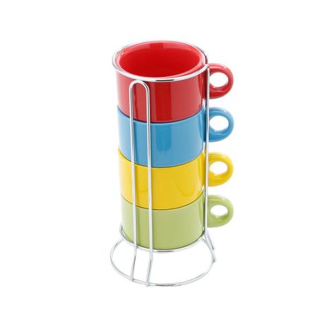 Jogo 4 xícaras 200ml para café e chá de porcelana colorido com suporte Bon Gourmet - 30398 Menor preço em Jogo 4 xícaras 200ml para café e chá de porcelana colorido com suporte Bon Gourmet - 30398