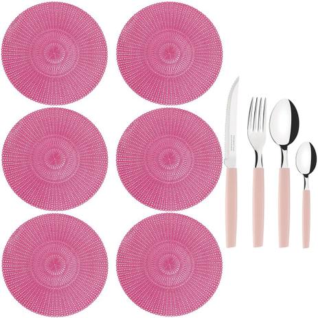 Jogo 48 Talheres Tramontina Inox e 6 Lugares Americano Rosa Menor preço em Jogo 48 Talheres Tramontina Inox e 6 Lugares Americano Rosa