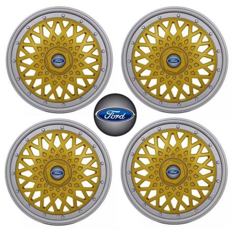 Jogo Calota Aro 14 Grid Super Sport BBS Dourado Prata + Emblema Resinado Ford (Fiesta, Ka, Ecosport, Focus) - Grid calotas Menor preço em Jogo Calota Aro 14 Grid Super Sport BBS Dourado Prata + Emblema Resinado Ford (Fiesta, Ka, Ecosport, Focus) - Grid calotas