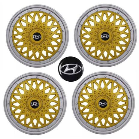 Jogo Calota Aro 14 Grid Super Sport BBS Dourado Prata + Emblema Resinado Hyundai (HB20, HB20S) - Grid calotas Menor preço em Jogo Calota Aro 14 Grid Super Sport BBS Dourado Prata + Emblema Resinado Hyundai (HB20, HB20S) - Grid calotas