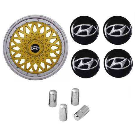 Jogo Calota Aro 14 Grid Super Sport BBS Dourado Prata + Emblema Resinado Hyundai + Tampa Ventil Cromada (HB20, HB20S) - Grid calotas é boa?