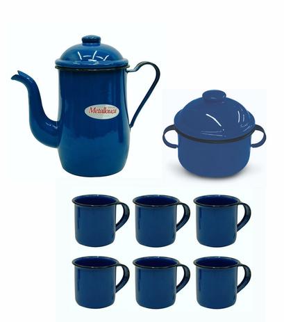 Jogo conjunto esmaltado azul bule 1,25l + 6 canecas 70ml + açucareiro - metallouça Menor preço em Jogo conjunto esmaltado azul bule 1,25l + 6 canecas 70ml + açucareiro - metallouça