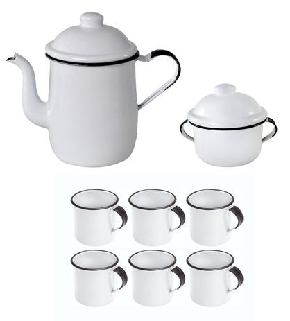 Jogo conjunto esmaltado branco leiteira 1l + 6 canecas 70ml + açucareiro - metallouça Menor preço em Jogo conjunto esmaltado branco leiteira 1l + 6 canecas 70ml + açucareiro - metallouça