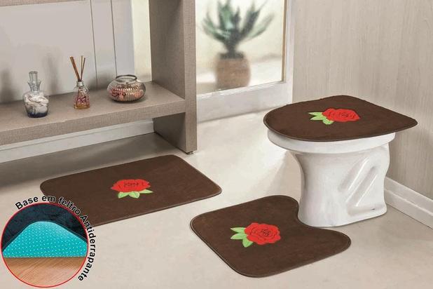 Jogo De Banheiro Premium Rosas 3 Pçs Café - Guga tapetes Menor preço em Jogo De Banheiro Premium Rosas 3 Pçs Café - Guga tapetes