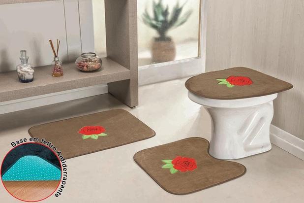 Menor preço em Jogo De Banheiro Premium Rosas 3 Pçs Castor - Guga tapetes