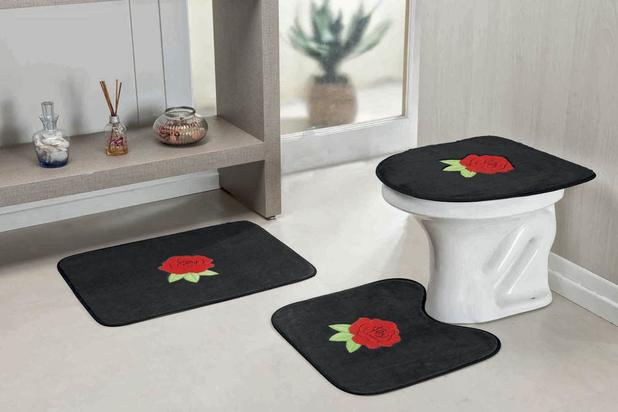 Jogo de Banheiro Standard Rosas 3 Pçs Preto - Guga tapetes Menor preço em Jogo de Banheiro Standard Rosas 3 Pçs Preto - Guga tapetes