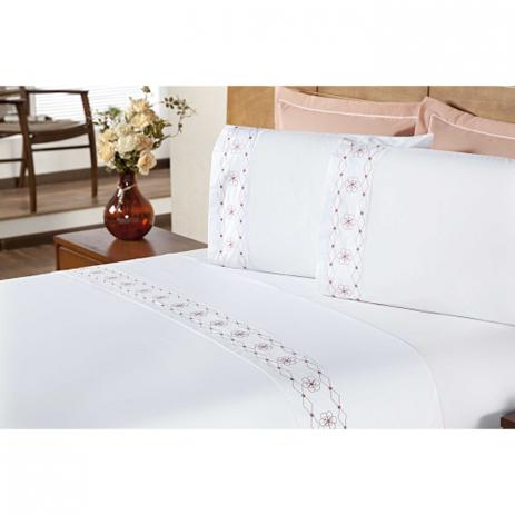 Jogo de Cama Damasco Casal Queen Percal 200 Fios 100 Algodão 04 Peças - Branco/Salmão - Aquarela Menor preço em Jogo de Cama Damasco Casal Queen Percal 200 Fios 100 Algodão 04 Peças - Branco/Salmão - Aquarela