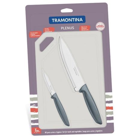 Jogo de Facas com Tábua Inox 3 Peças Plenus Cinza - Tramontina Menor preço em Jogo de Facas com Tábua Inox 3 Peças Plenus Cinza - Tramontina