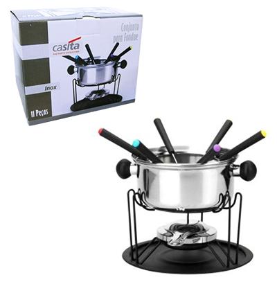 Jogo de fondue de inox com 6 garfos/suporte / prato/fogareiro 410ml - Casita/imporiente Menor preço em Jogo de fondue de inox com 6 garfos/suporte / prato/fogareiro 410ml - Casita/imporiente
