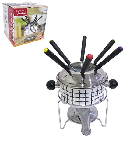 Jogo de fondue de inox decorado com 6 garfos / panela / suporte / fogareiro 700ml - Imporiente Menor preço em Jogo de fondue de inox decorado com 6 garfos / panela / suporte / fogareiro 700ml - Imporiente