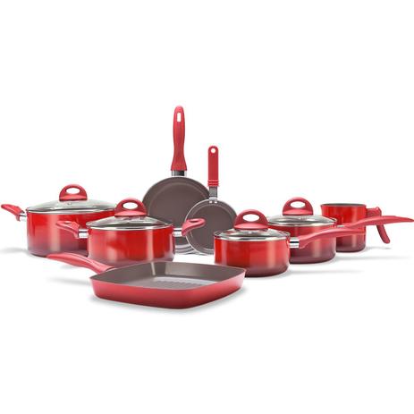 Jogo de Panelas 8 Peças Panela Antiaderente Grill Brinox Vermelho Menor preço em Jogo de Panelas 8 Peças Panela Antiaderente Grill Brinox Vermelho