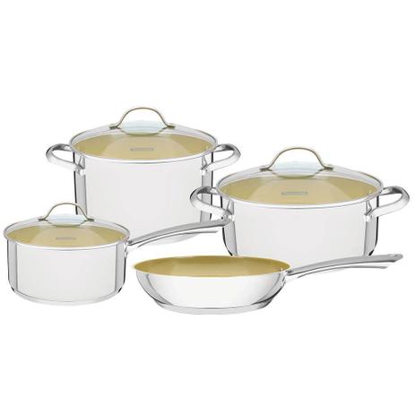 Jogo de Panelas Tramontina Una Ceramic 4 Peças Aço Inox Fundo Triplo e Revestimento Interno Cerâmico Verde 65280313 Menor preço em Jogo de Panelas Tramontina Una Ceramic 4 Peças Aço Inox Fundo Triplo e Revestimento Interno Cerâmico Verde 65280313
