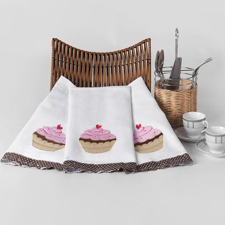Jogo de pano de prato 3 peças estampado cupcake branco - casaborda - Casaborda enxovais é ruim? Jogo de pano de prato 3 peças estampado cupcake branco - casaborda - Casaborda enxovais é boa?
