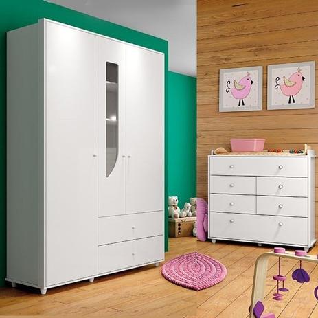 Jogo de Quarto com Roupeiro Pão de Mel 03 Portas e Cômoda Pão de Mel 06 Gavetas Branco - Móveis Henn Menor preço em Jogo de Quarto com Roupeiro Pão de Mel 03 Portas e Cômoda Pão de Mel 06 Gavetas Branco - Móveis Henn