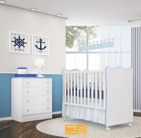 Jogo de Quarto de Bebê Doce Sonho QMovi 2 peças com Berço e Cômoda - Branco Azul é boa?