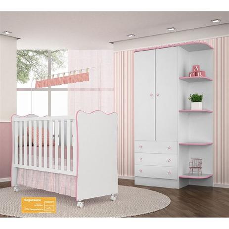 Jogo de quarto de bebê doce sonho qmovi 2 peças com berço e guarda-roupas - branco rosa Menor preço em Jogo de quarto de bebê doce sonho qmovi 2 peças com berço e guarda-roupas - branco rosa
