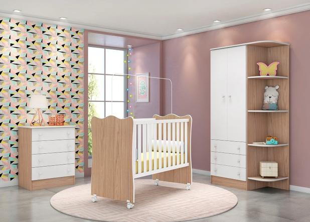Jogo de quarto infantil c/ berco simples c/ rodizios doce sonho carvalho/branco - qmovi Menor preço em Jogo de quarto infantil c/ berco simples c/ rodizios doce sonho carvalho/branco - qmovi
