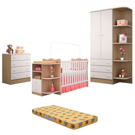 Jogo de Quarto Infantil Doce Sonho Berço Cantoneira com Colchão Branco/Carvalho - Qmovi Menor preço em Jogo de Quarto Infantil Doce Sonho Berço Cantoneira com Colchão Branco/Carvalho - Qmovi
