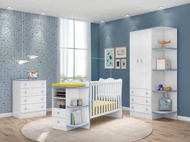 Jogo de Quarto Infantil Doce Sonho Berço Cômoda Roupeiro c/ Cantoneira 2pts 3 gav e Cômoda 4 gav Branco/ Azul - Qmovi Menor preço em Jogo de Quarto Infantil Doce Sonho Berço Cômoda Roupeiro c/ Cantoneira 2pts 3 gav e Cômoda 4 gav Branco/ Azul - Qmovi