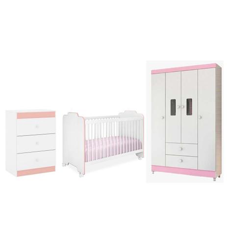 Jogo de Quarto Infantil Ternura e Guarda Roupa Encanto Branco Rosa - Peternella Menor preço em Jogo de Quarto Infantil Ternura e Guarda Roupa Encanto Branco Rosa - Peternella
