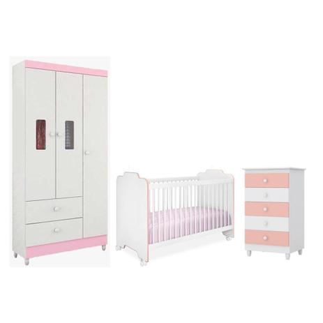 Jogo de Quarto Infantil Vitória com Berço Ternura Branco Rosa - Peternella Menor preço em Jogo de Quarto Infantil Vitória com Berço Ternura Branco Rosa - Peternella