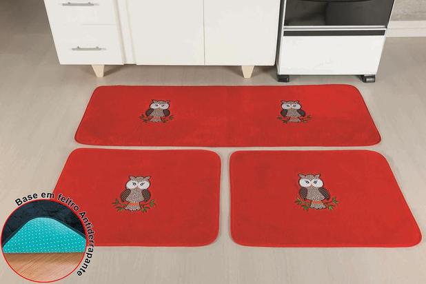 Jogo de Tapetes para Cozinha Antiderrapante Coruja Vermelho - 3 Peças - Guga é boa?