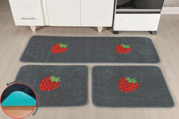 Jogo de Tapetes para Cozinha Antiderrapante Morango Cinza - 3 Peças - Guga é boa?