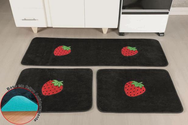 Jogo de Tapetes para Cozinha Antiderrapante Morango Preto - 3 Peças - Guga é boa?