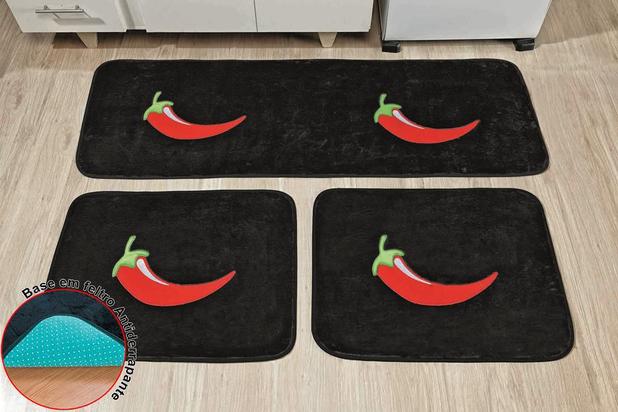 Jogo de Tapetes para Cozinha Antiderrapante Pimenta Preto - 3 Peças - Guga Menor preço em Jogo de Tapetes para Cozinha Antiderrapante Pimenta Preto - 3 Peças - Guga