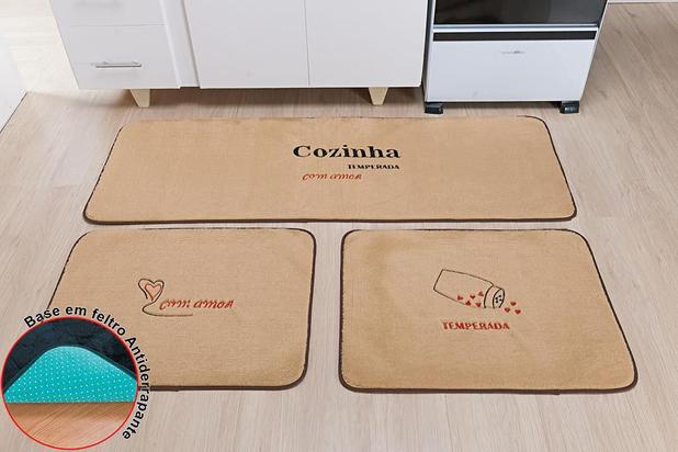 Jogo de Tapetes para Cozinha Antiderrapante Temperos Bege - 3 Peças - Guga é boa?