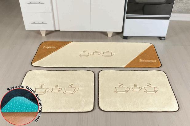 Jogo de Tapetes para Cozinha Antiderrapante Xícaras Palha - 3 Peças - Guga é boa?