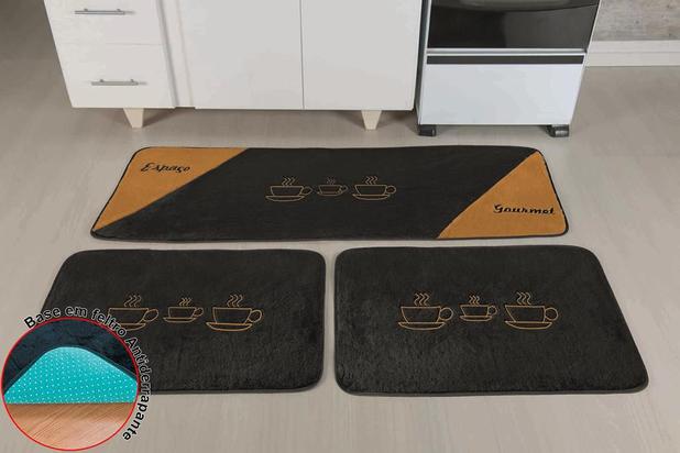 Jogo de Tapetes para Cozinha Antiderrapante Xícaras Preto - 3 Peças - Guga é boa?